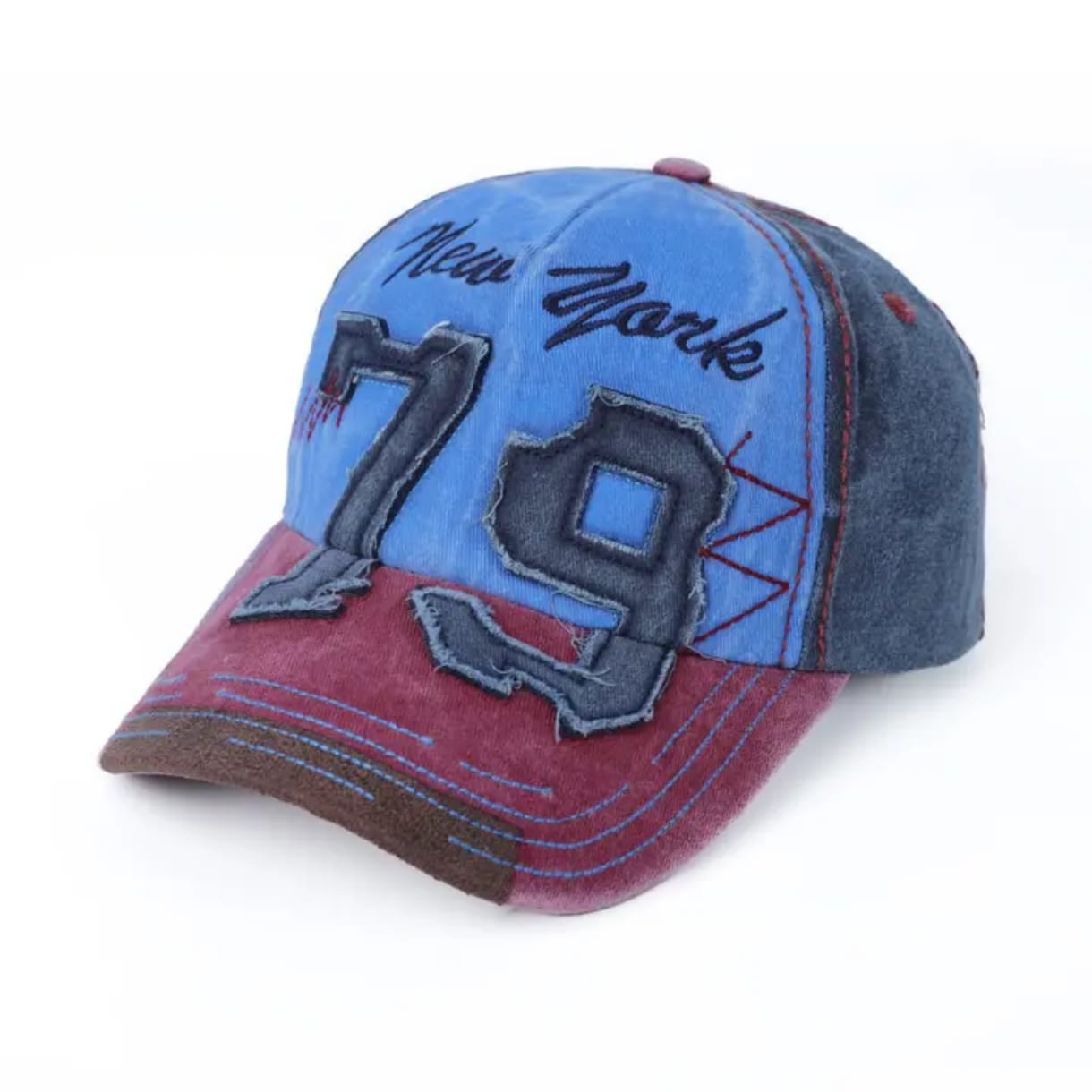 Casquette Vintage "New York 79" Coton Blanchit (Bleu & Bordeaux)