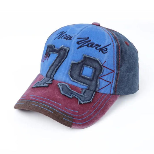 Casquette Vintage "New York 79" Coton Blanchit (Bleu & Bordeaux)