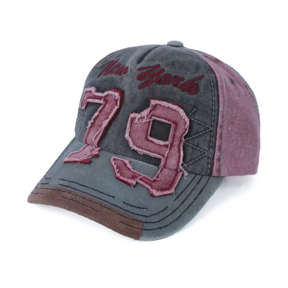 Casquette Vintage "New York 79" Coton Blanchit (Gris & Bordeau)