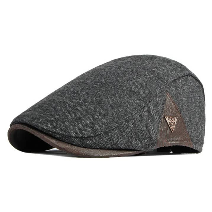 Casquette Plate Gris Anthacite & Empiecements Cuir Vintage