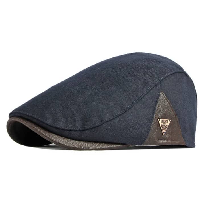 Casquette Plate Bleu Marine & Empiecements Cuir Vintage